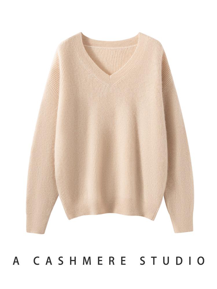 Women's V-Neck Loose Cashmere Pullover - Soft, Skin-Friendly, Fashionable Slim-Fit Knit Sweater