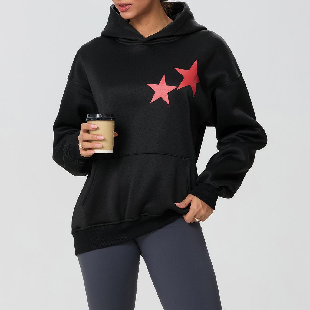 Women's Fall Fashion Hoodies Star Print Long Sleeve Hood Loose Fit Fleece Sweatshirt