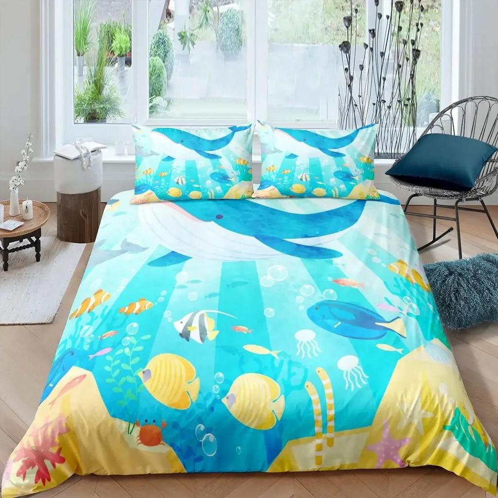 Cartoon Octopus Bedding Set King/Queen Size,Ocean Underwater World Duvet Cover Kids Sea Coral Fish 2/3pcs Polyester Quilt Cover
