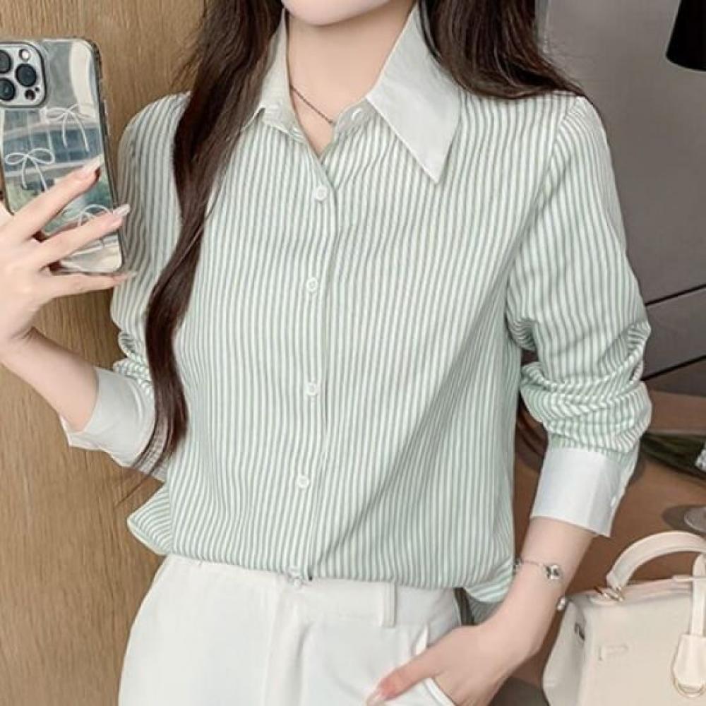 Navava Women Modern Basic Stripe Long Sleeve Shirt Nb3036