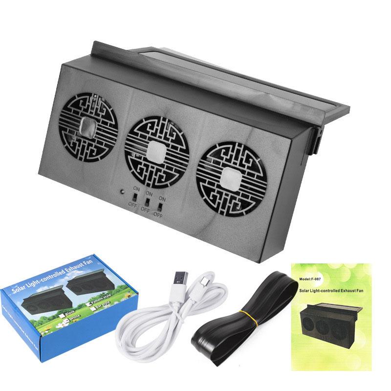 Solar Car Fan USB Rechargeable Exhaust Fan Air Circulation Cooling and Heat Dissipation High Wind Power 3 Head Ventilation Fan