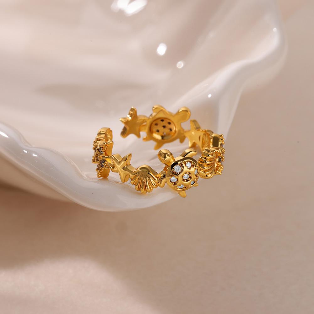 Hav Stjerne Skjell Åpne Ringer For Kvinner Gullfarge Rustfritt Stål Ring Sommer Strand Estetisk Vanntett Zirkon Gave