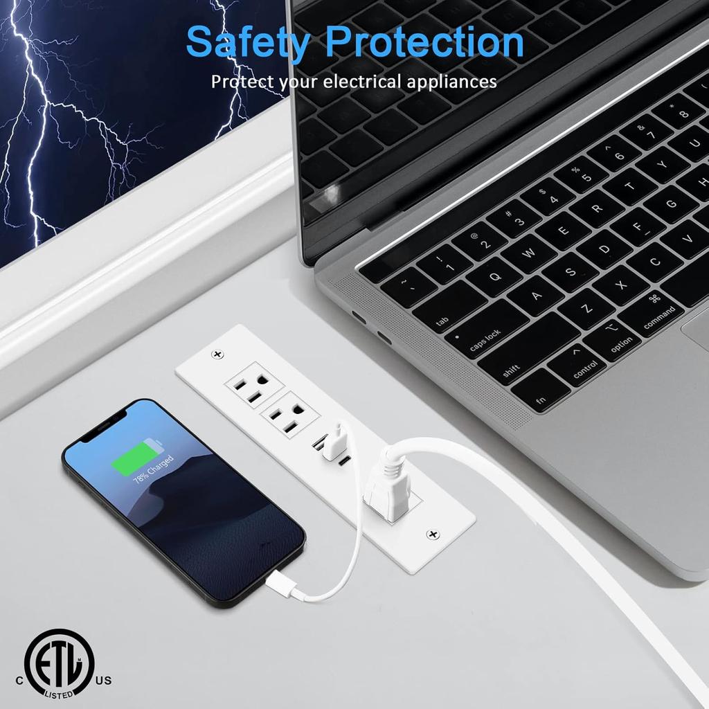 HEZI Recessed Power Strip, Furniture Drawer Outlet with 20W PD USB-C & 18W QC3.0 USB-A, Plug in 3 Outlets & USB Ports, Flush Mount 6FT White