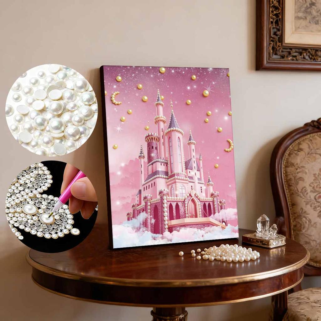 DIY Diamond Art Pearl Painting Kit for Adults, Pink Castle Special Shaped Pearl Art Painting Wall for Home Office Decor Handmade Gift