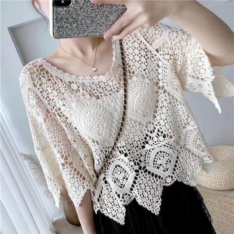 2025 Women's Casual Lace Blouse: Short Sleeve Crochet Shawl, Hollow Out, Fashionable Knit Top