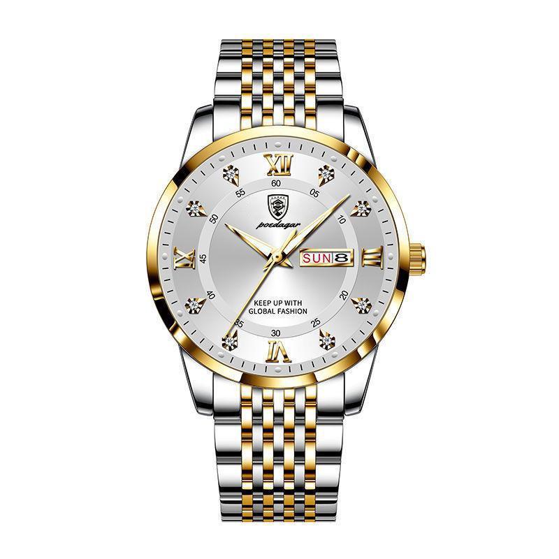 POEDAGAR Luxury Business Man Watch Stainless Steel Week Date Men's Wristwatch Waterproof Luminous Fashion Quartz Watches for Men