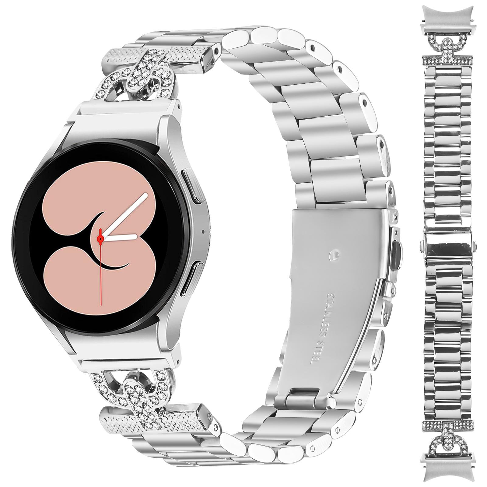 

Watch Strap with Connector for Samsung Galaxy Watch7 44mm/40mm Silver Metal Band D-Shape Rhinestones Decor A