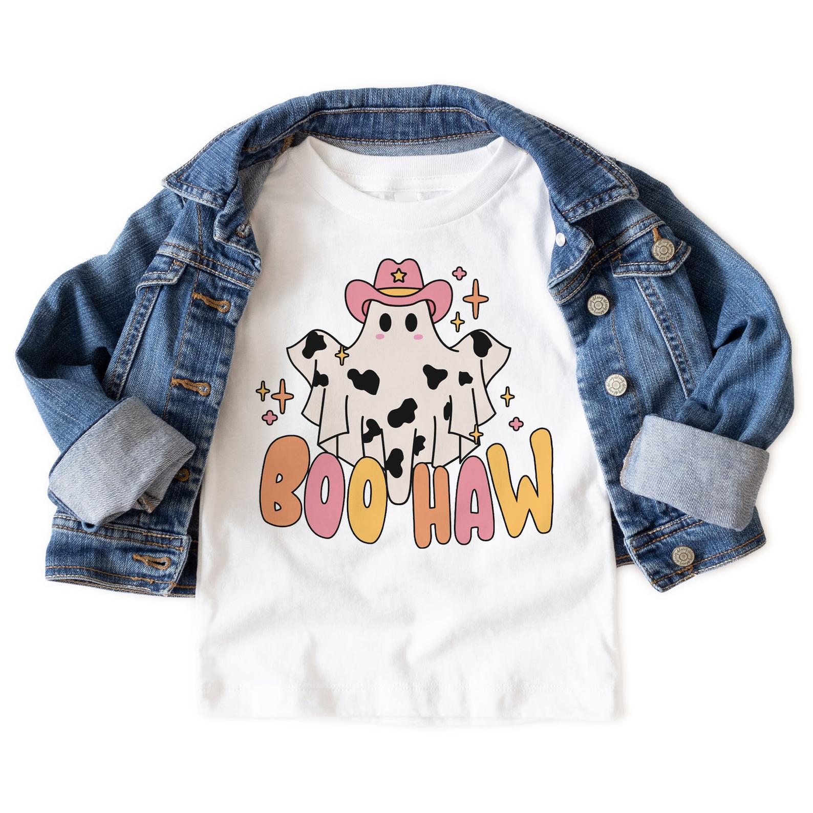 Retro Boo Haw Ghost Girls Kids Shirt - Groovy Pink Cowgirl Hat Ghost Childs Tee - Country Halloween Costume -Unisex & Youth Natural T-Shirt 160
