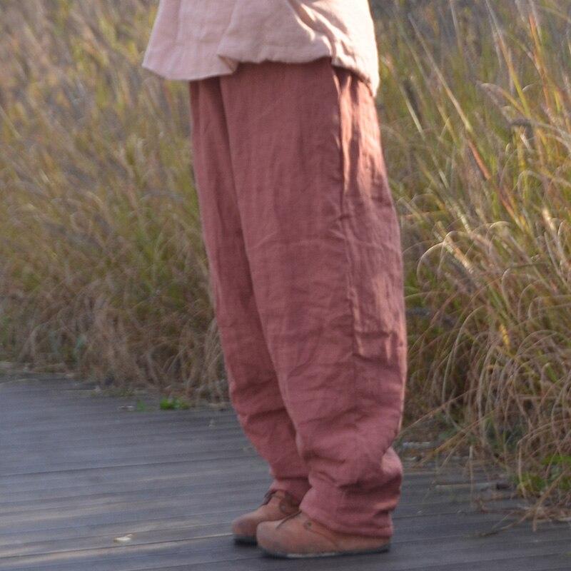 Johnature Women Winter Wide Leg Pants Cotton Linen Warm Trouser Solid Color Elastic Waist Pockets Vintage Female Pants
