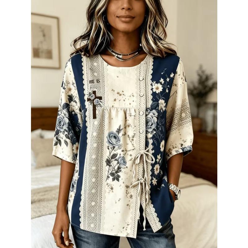 Women's printed lace-up short-sleeved blouse, fashionable and versatile, comfortable and skin-friendly, machine washable.
