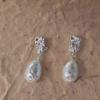 Silver brushed pearl water drop earrings simple fashion stud earrings light luxury high temperament versatile earrings women