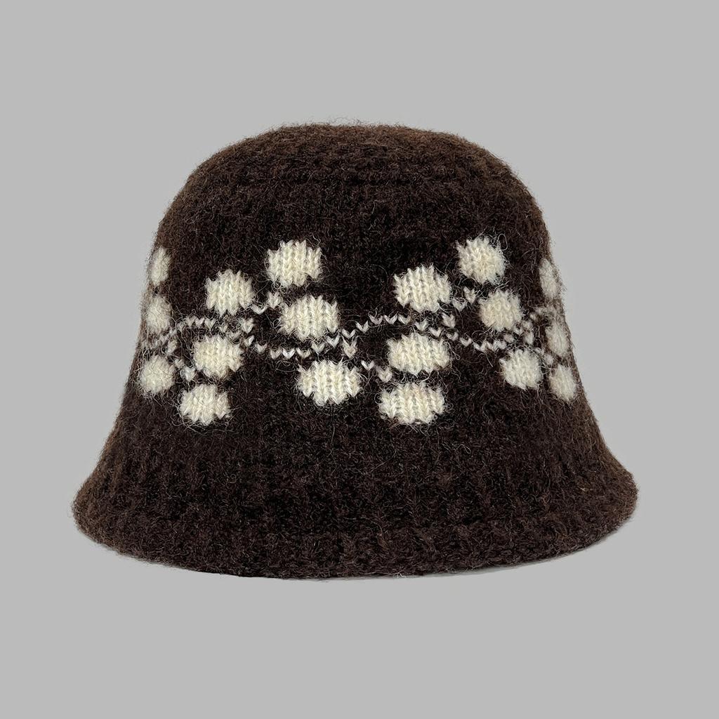 Retro Style Jacquard Knitted Bucket Hat Women's 2025 New Plush Hat, Ear Protection and Face Small Pullover Hat