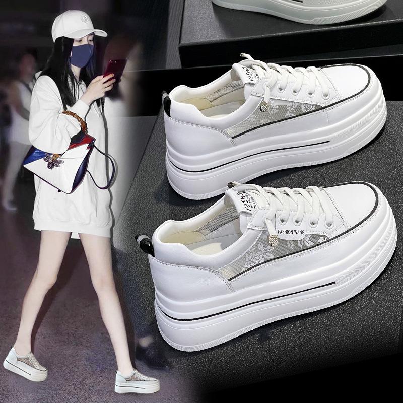 Women's Hidden Wedge Platform Shoes 2025 Summer Genuine Leather Breathable Mesh White Sneakers Casual Versatile