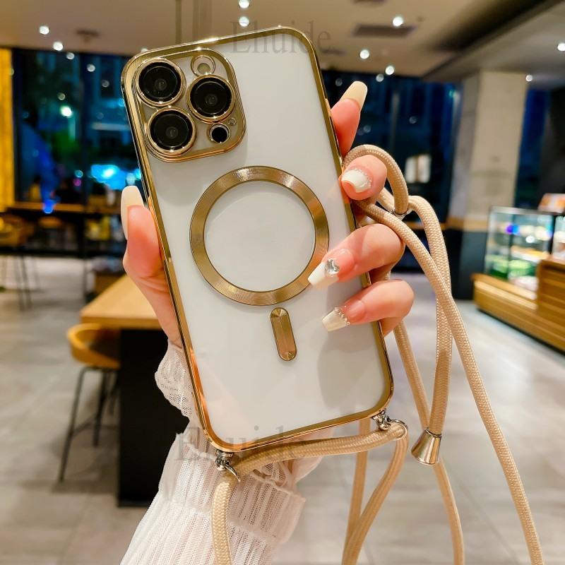 Magnetic Case For iPhone 17 16 14 13 12 11 Pro X XS Max 15 Plus Magsafe Transparent Plating Strap Crossbody Lanyard Neck Cover