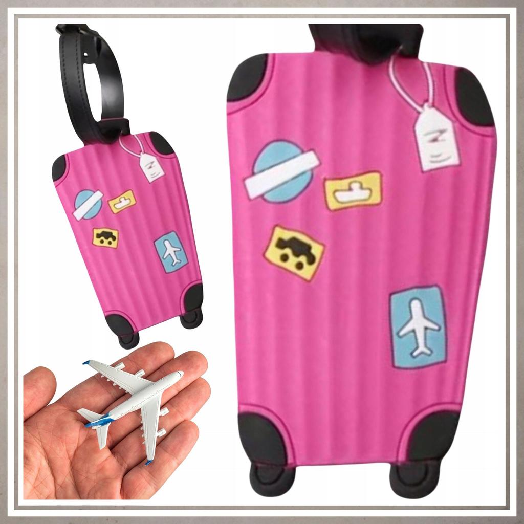 Luggage tag for travel, suitcase, plane, PINK