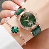 6 Stück/Set Damen Grüne Lederarmband Quarz Uhr mit Diamant Schmuckset