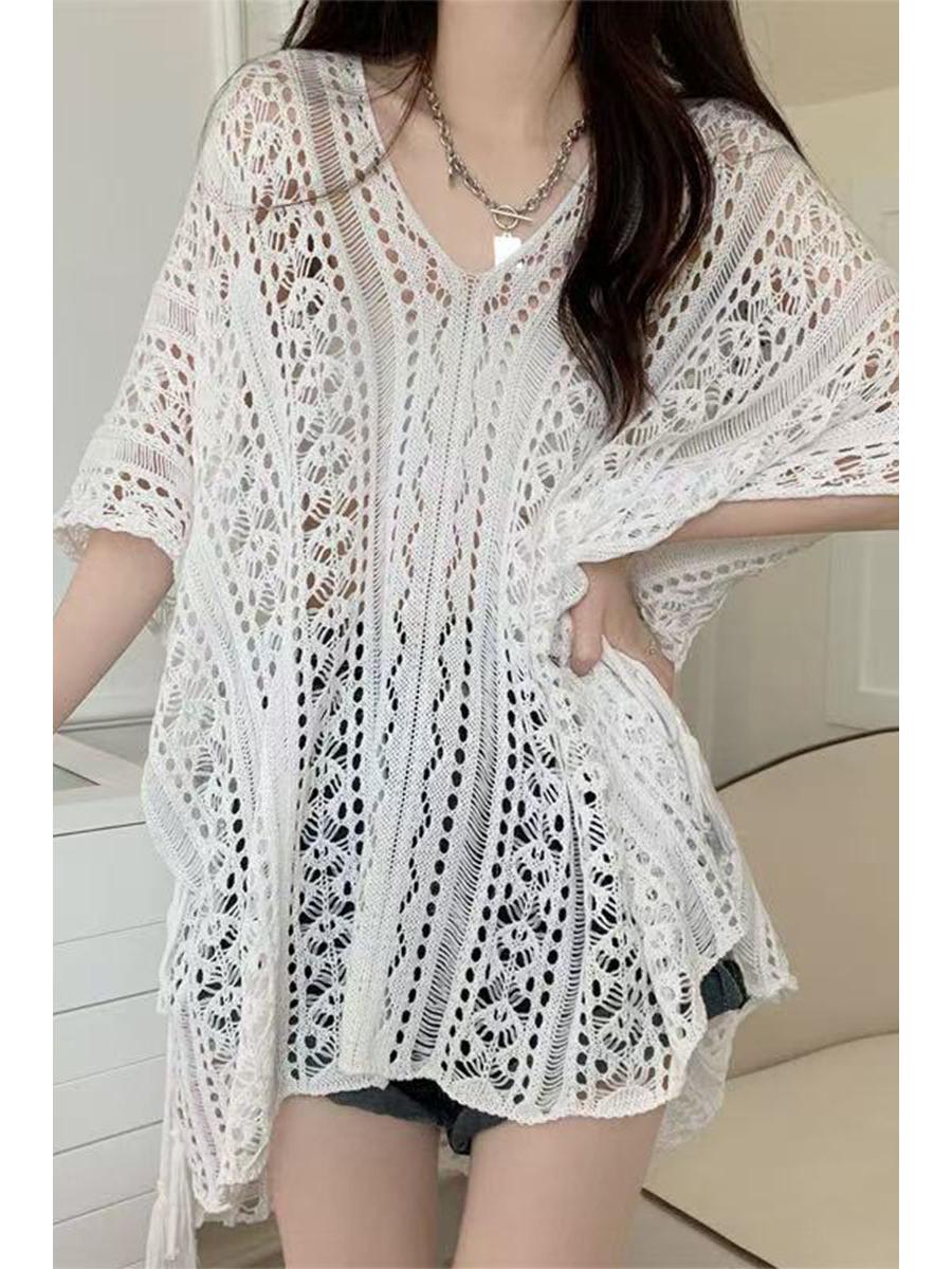 

Женский уникальный вязаный кардиган с V-образным вырезом и ажурным узором - с короткими рукавами, свободный, изысканный осенний дизайн One Size верблюд