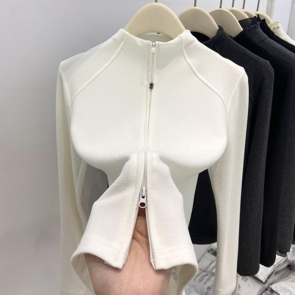 Women's Slim-Fit Thermal Fleece Jacket - Half-High Collar, Double Zipper, Long Sleeve, Autumn/Winter Warm Top