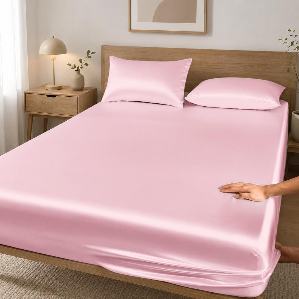 High-end Satin Fitted Sheet with Elastic Band Solid Color Silky Bed Sheet Smooth Non-Slip Mattress Cover Bedspreads Bed Linen