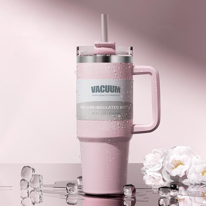 

1200ML Water Bottle Home Cup Stainless Steel Coffee Cup Camping Mugs Thermos 40 Oz Straw Cup Drinkware Cups with Lids and Straws рожевий