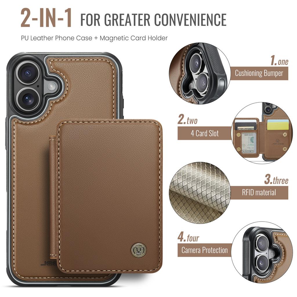 JEEHOOD J05 For iPhone 16 Case Leather Mobile Cover with Detachable Magnetic Card Bag