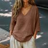 Women's Relaxed Fit V Neck Linen Cotton Three Quarter Sleeve Casual Blouse Top for Everyday Wear and Comfort