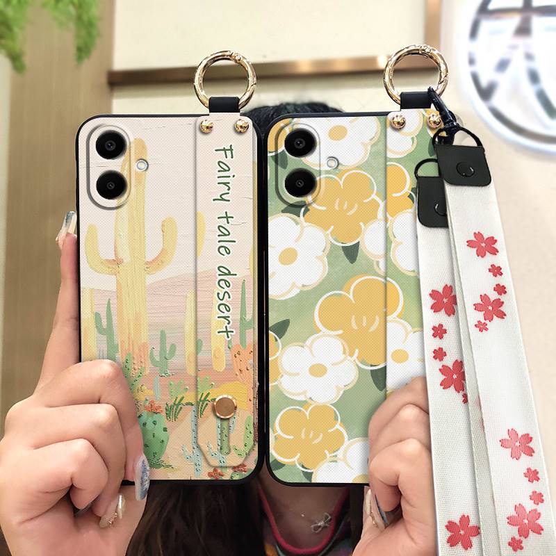 Durable Back Cover Phone Case For Samsung Galaxy A07 Flower Silicone Anti-knock Wrist Strap Shockproof Lanyard Anti-dust