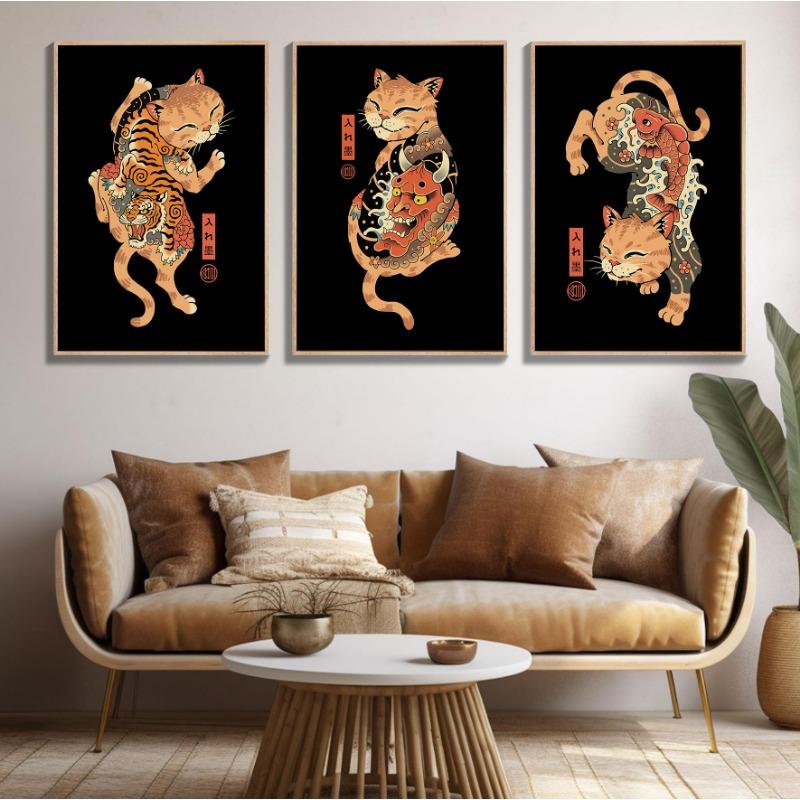Japon Retro Tarzı Dövme Samuray Kedi Ramen Karikatür Posterleri Baskıları Tuval Boyama Duvar Sanatı Resim Oturma Odası Ev Dekorasyonu