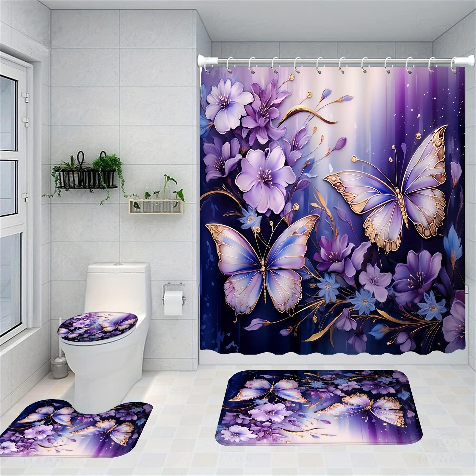 

Elegant Purple Butterfly Garden Bathroom Set - Waterproof Shower Curtain, Toilet Lid Cover, Bath Mat, And Contour Mat W60H190(CM)-1 Pcs