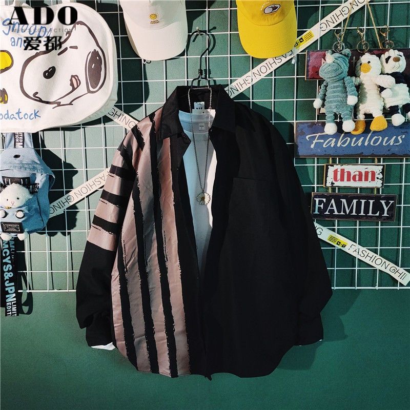 2023 New Spring and Autumn Fashion Trend Simple Polo Collar Stripe Contrast Slouchy Style Casual Loose Men's Shirt Thin Coat