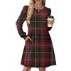Women's Long Sleeve Pleated Round Neck Plaid Stripe Print Casual Dress With Pockets