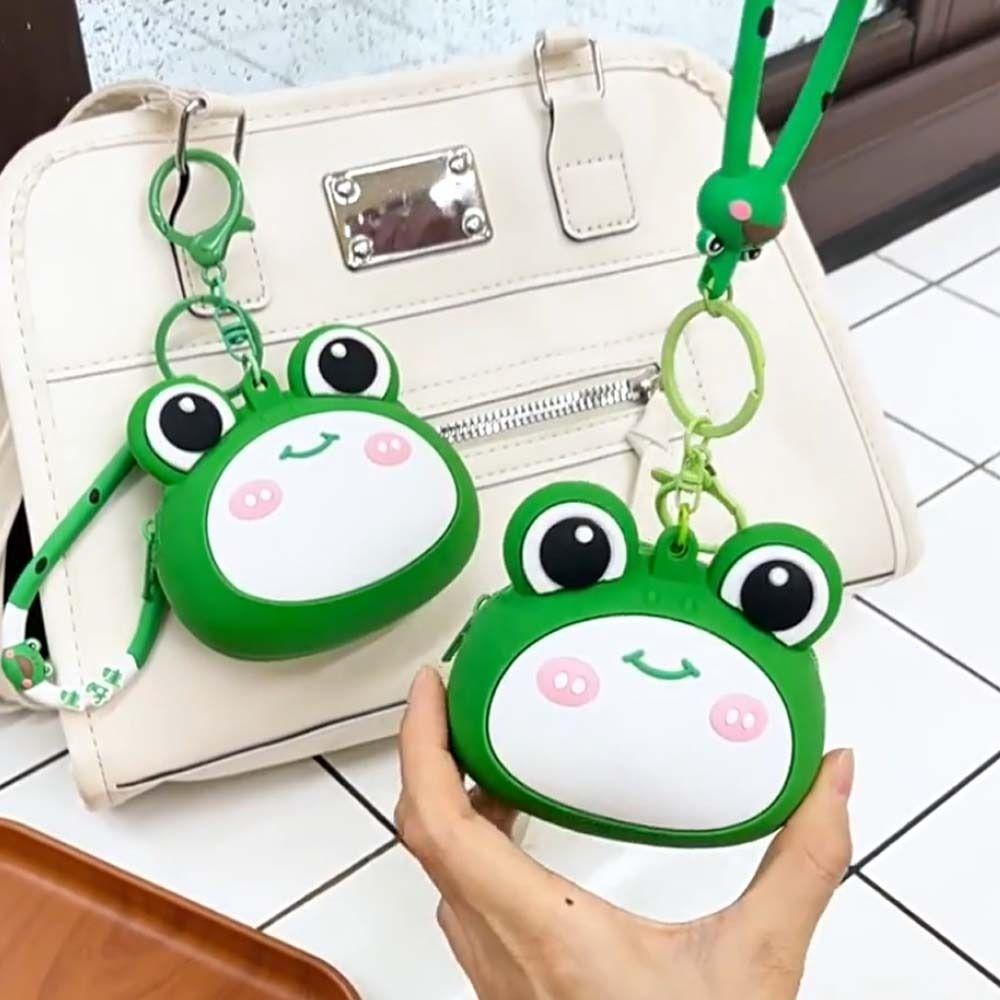 Portable Green Frog Storage Bag Key Ring Keychian Earphone Bag Cartoon Silicone Wallet  School