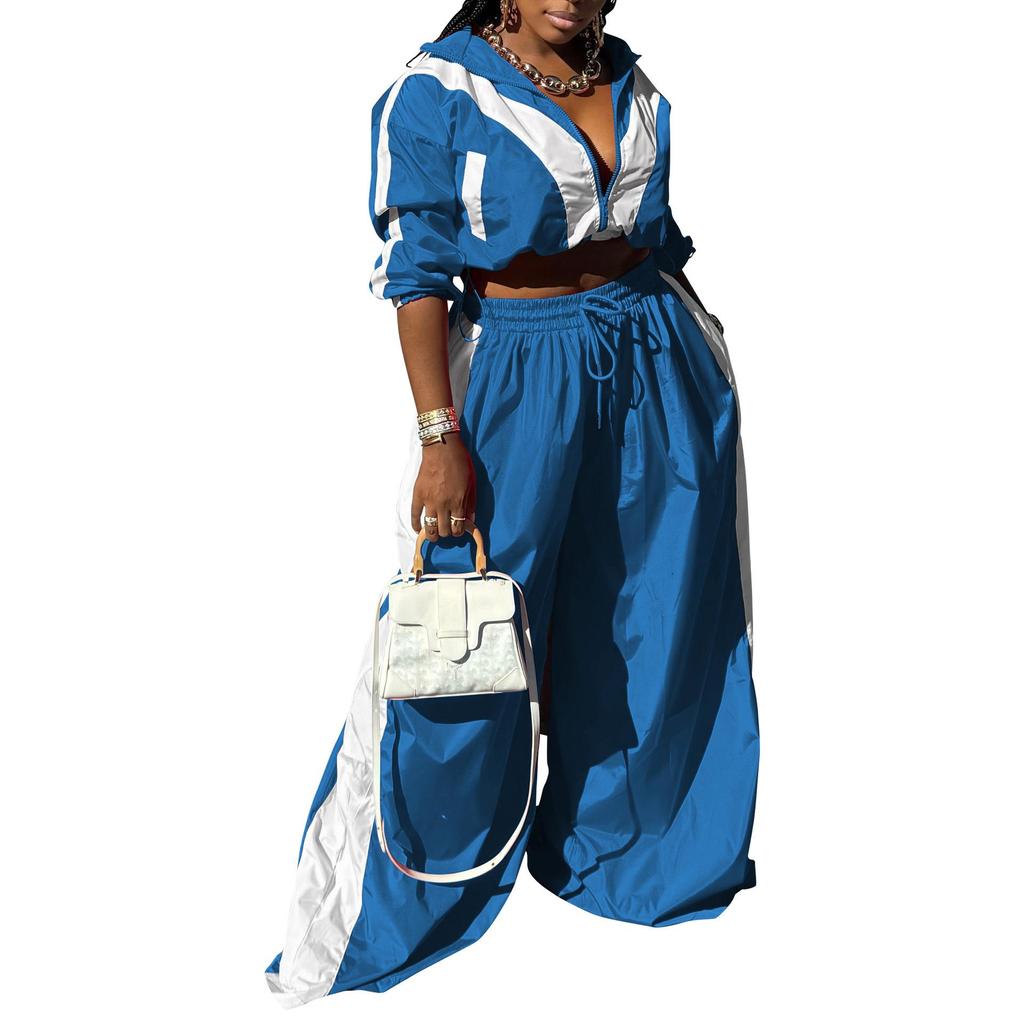 AL297 Women's Patchwork Sports Suit: Woven Loose Jacket & Two-piece Set for Spring and Autumn