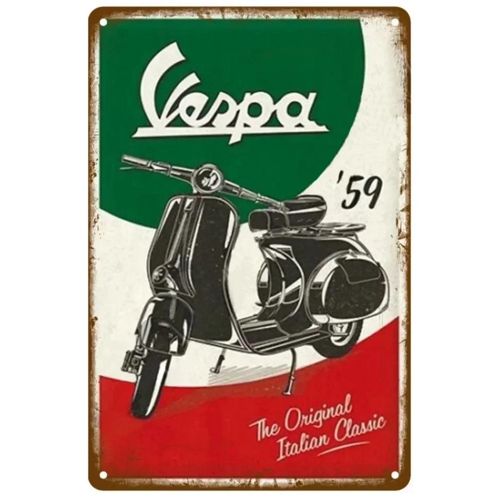 Vespa Motocykl Vintage Kovový Značka" – Retro Umělecká Deska se Skútr Estetikou; Nástěnná dekorace pro domov, kavárnu, zahradu, klub, bar