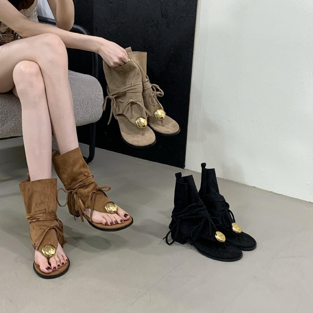 Tassel metal toe cool boots women's 2025 summer new Roman sandals thick heel pile boots western cowboy boots