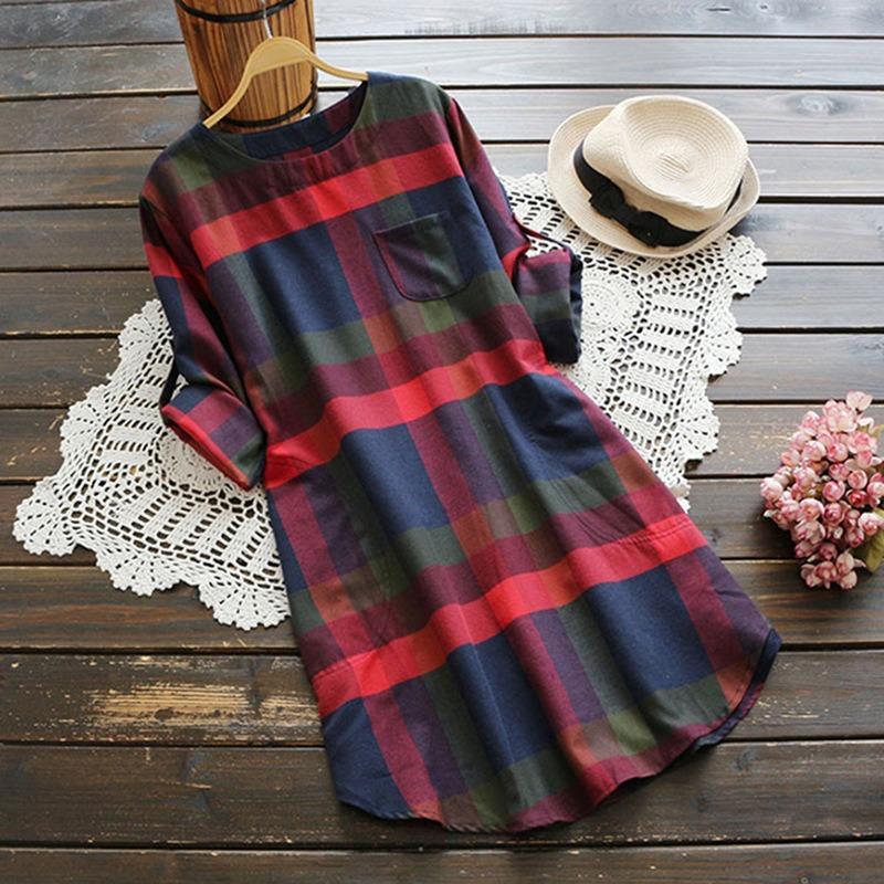 

Women s Long-sleeved Loose Plaid Pocket Shirt Mid-length Round Neck T-shirt S красный