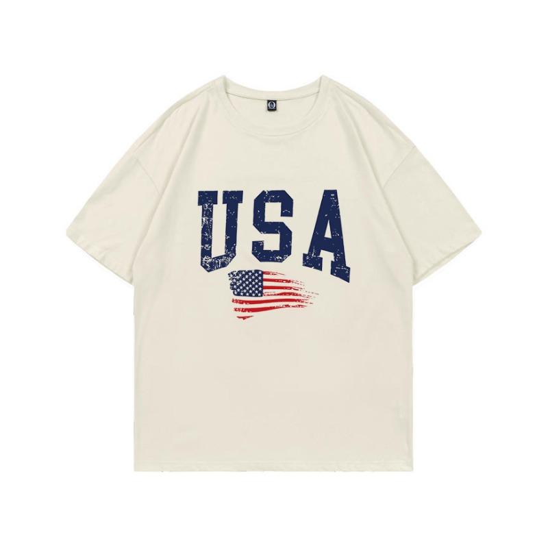 Summer Pure Cotton Short Sleeved Flag Letter Combination Printed Shoulder Down Women's T-shirt Fashionable Casual Women's Top T-Shirts Women’s