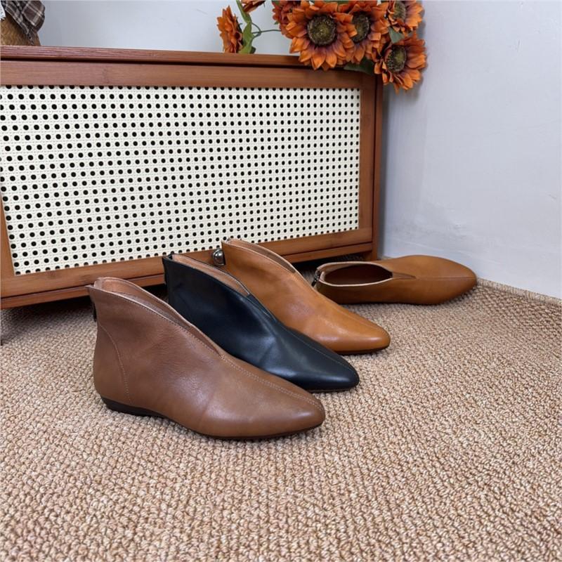 Johnature Retro Pointed Toe Cowhide Short Boots Versatile Genuine Leather Soft Soled Women's Shoes