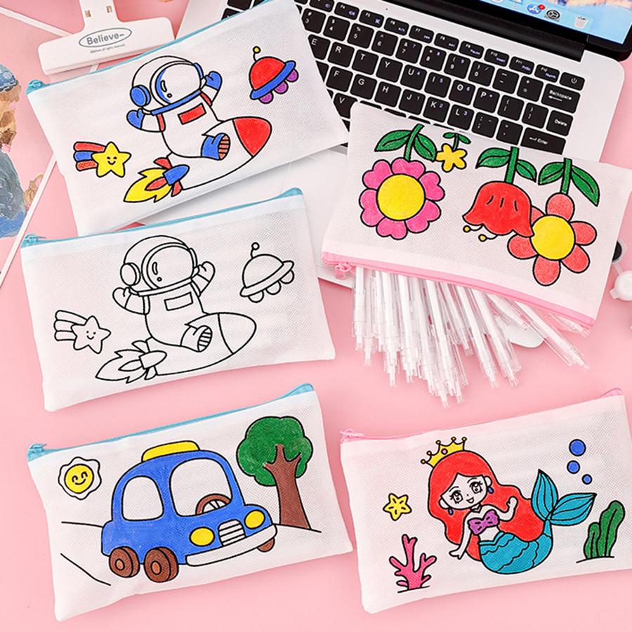 5/10pcs 21cm Non-woven Cartoon Pen Bag Line Pattern Stationery Storage Bag Lightweight Large Pencil Case School Office Supplies