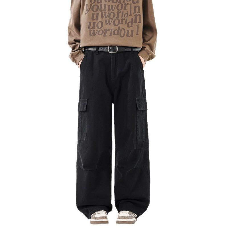 Men's Autumn Winter New Cargo Pants Relaxed Straight Multi Pocket Washed Casual American Style Trousers