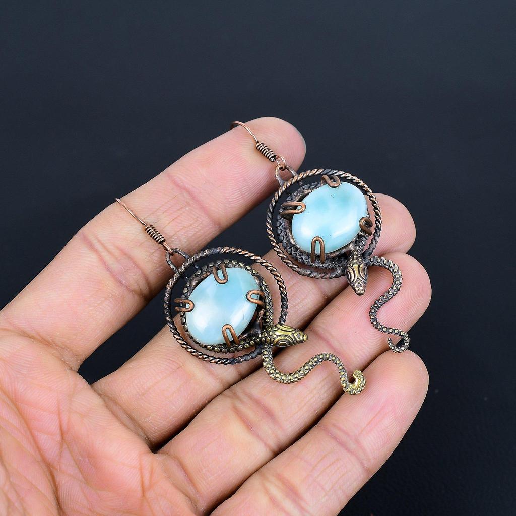Larimar Earrings, 999 Copper Wire Wrapped Jewelry, Gemstone Earrings, Gift For Her Handmade Dainty Jewelry