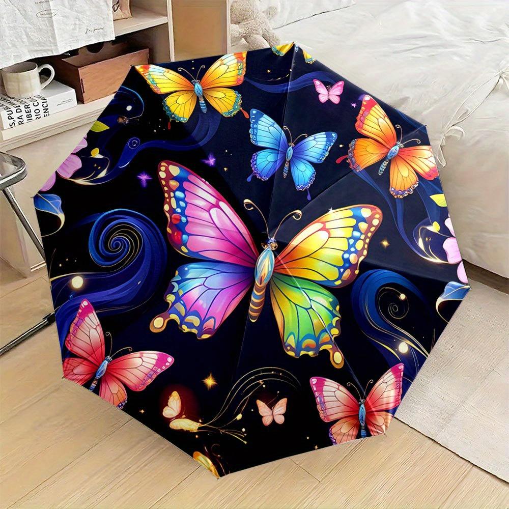 

Folding Umbrella The umbrella features vibrant, multicolored butterflies against a dark background, with prominent butterflies (as the picture,Iron&8K)