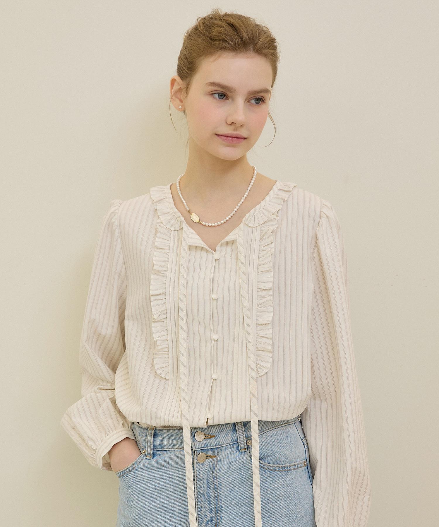 Nonlocal Striped Ribbon Ruffle Pintuck Blouse - Beige Stripe Beige Stripe/Free