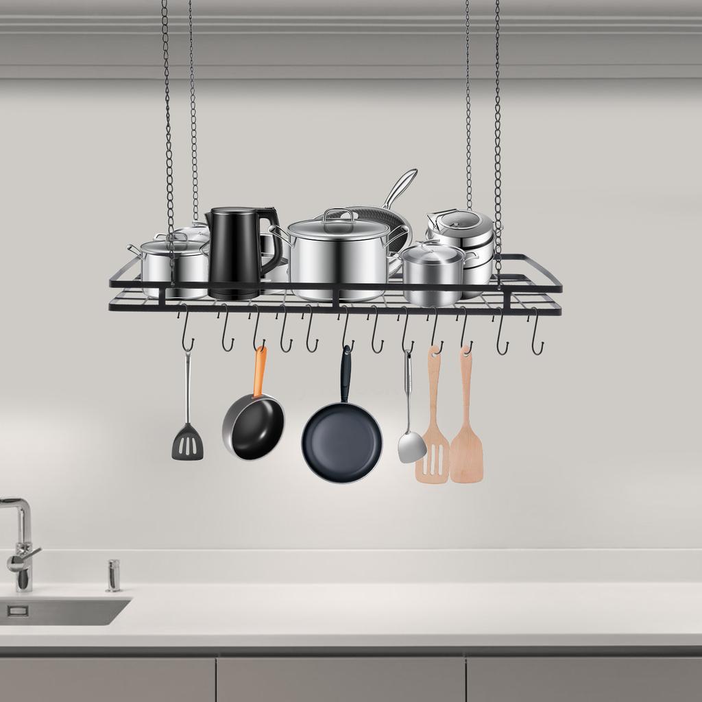 Black 12-Hook Overhead Pot and Pan Rack Organizer, Large 31.5 Inch Hanging Kitchen Utensils Storage for Home & Commercial Use
