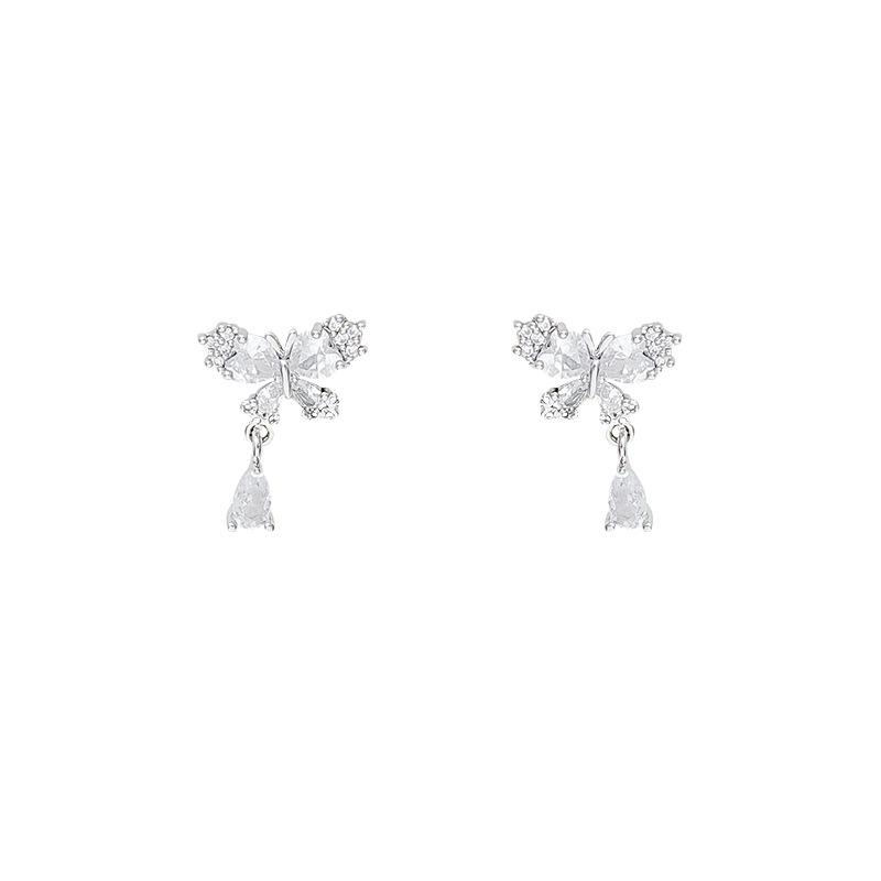 Sterling silver needle flash zirconium butterfly stud earrings women's personality high-end earrings new popular ear jewelry