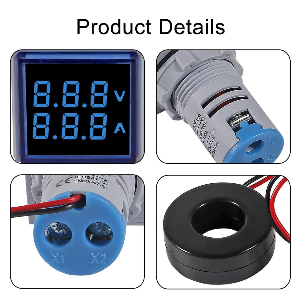 ACEIRMC 2 Blue LED Display Square Dual Display LED Ammeter Digital Voltmeter AC Current - Voltmeters, Voltmeter, 60-500V 0-100A Indicator.