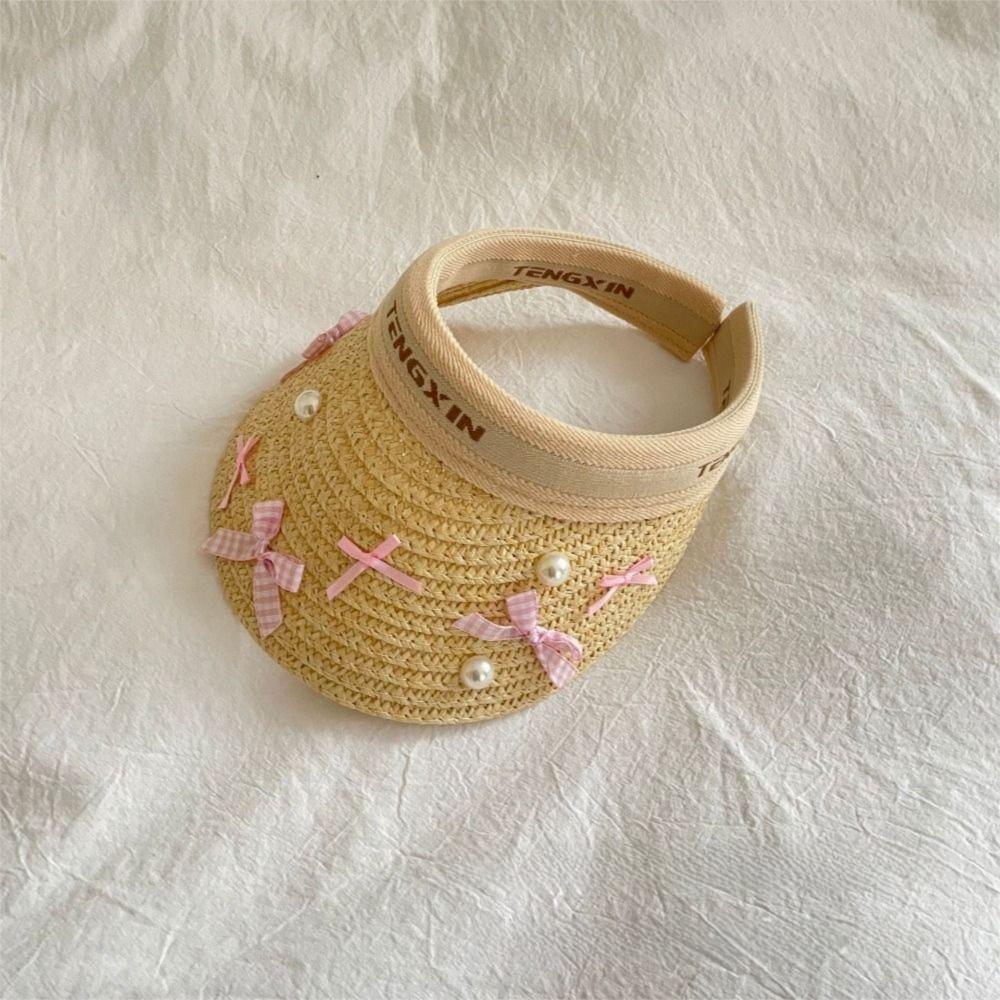 Bowknot Large Brim Sun Visor Cap Wide Brim Empty Top Baseball Cap Kids Summer Straw Hat  Beach