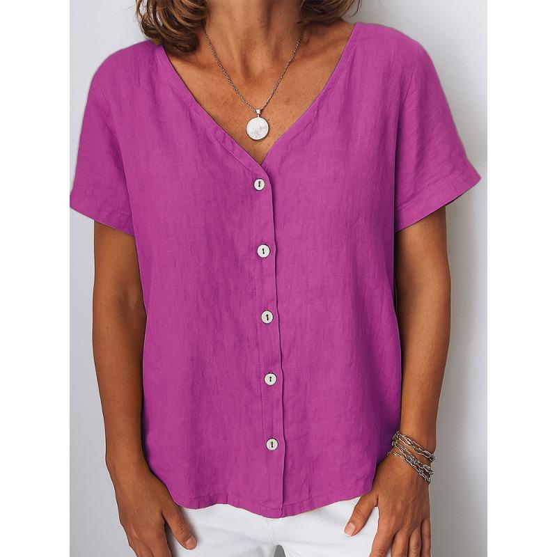 Blusas y Camisas Casuales de Moda para Mujer JPNTKY Estampado de Color Sólido Manga Corta Cuello en V