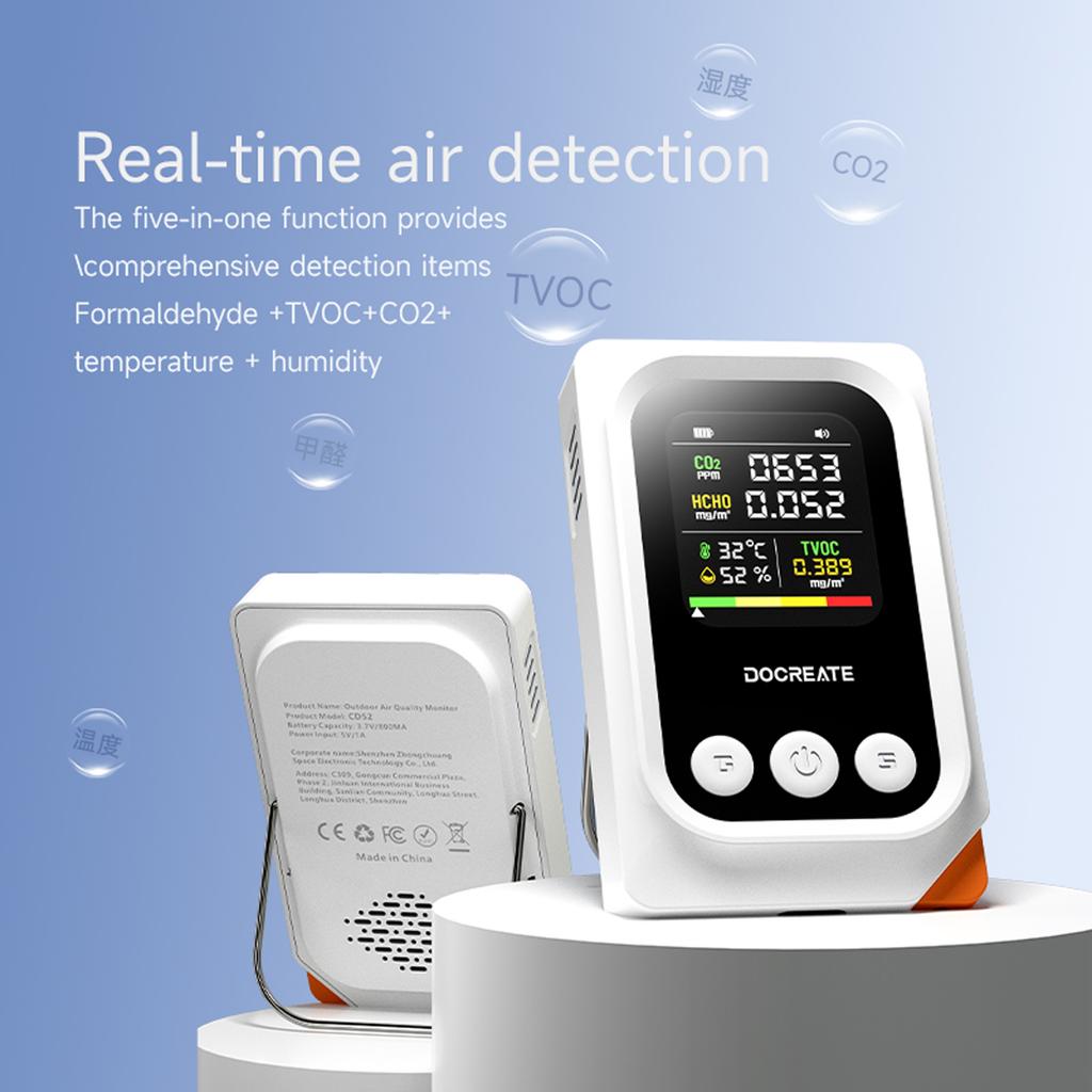 5 in 1 Indoor Air Quality Monitor Temperature Humidity Detector CO2 TVOC HCHO Tester Air Quality Meter for Home Office