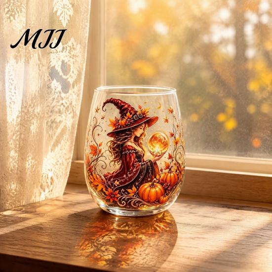 Creative Holiday Gift Fantasy Witch Glass Tea Cup, Gothic Crystal Ball Pattern Tumbler for Halloween Party Glassware Wine Juice, 320ml Vintage